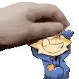 a cartoon character wearing a blue hoodie is being propped up by a hand .