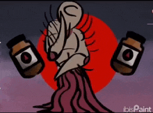 a cartoon character is holding two jars of peanut butter in front of a red sun .