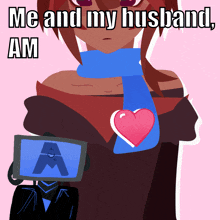 a girl with a scarf around her neck has a heart on her chest and the words me and my husband am below her