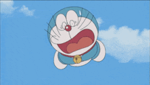 a cartoon character with a bell around his neck is flying in the sky