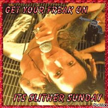 a picture of a man singing into a microphone with the caption " get your freak on its slther sunday "