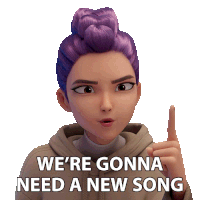 a cartoon girl with purple hair is pointing up and saying we 're gonna need a new song