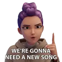a cartoon girl with purple hair is pointing up and saying we 're gonna need a new song