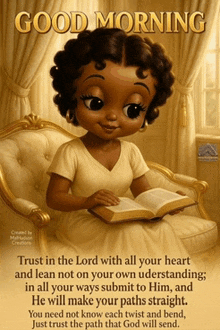 a picture of a girl reading a bible with the words good morning on it