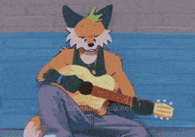 a furry character is playing an acoustic guitar on a beach ..