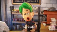 a cartoon character says extra hot in a win lose advertisement