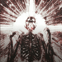 a black and white drawing of a skeleton with a skull in the background