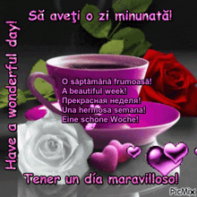 a purple cup of coffee sits on a saucer with hearts and roses