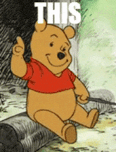 winnie the pooh is sitting on a log and giving the thumbs up