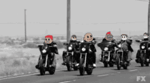 a group of cartoon characters are riding motorcycles down a road with fx written on the bottom