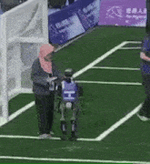 a person is laying on the ground on a soccer field with a goalie in the background