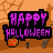 a pixel art of a happy halloween sign with a pumpkin in the background