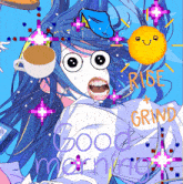 a cartoon of a girl with a cup of coffee and the words rise and grind