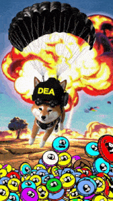 a dog wearing a hat that says dea is flying through the air