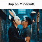 a couple of men kissing with the words hop on minecraft above them