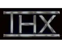 the thx logo is shown on a dark background