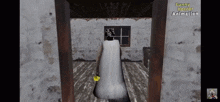 a woman in a white dress is standing in a room with the words funny horror animation written above her