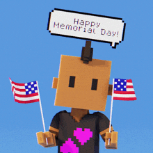 a cartoon character holding two american flags with a happy memorial day speech bubble above him
