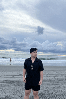a man in a black shirt and shorts stands on the beach