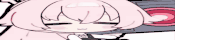 a close up of a cartoon girl with pink hair sitting in front of a laptop .