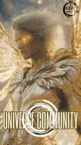 a poster of a man with wings and the words universe community on it