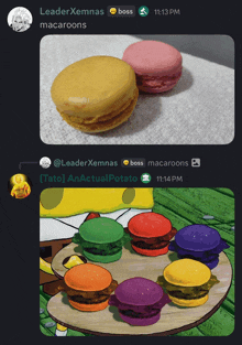 a screenshot of a conversation between leadersxemmas and boss macarons