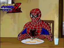 a cartoon of a spider man sitting at a table eating