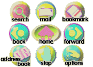 a set of icons with the words search mail bookmark back home forward address book stop and options