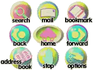 a set of icons with the words search mail bookmark back home forward address book stop and options