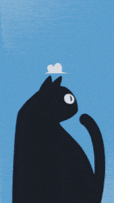 a black cat is looking up at the sky with birds and clouds