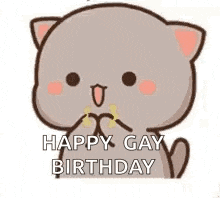 a cartoon cat is holding its paw up and saying `` happy gay birthday '' .