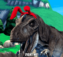 a t-rex with a red bow on its head says fight me
