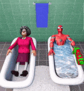 a woman and a spiderman are sitting in bath tubs