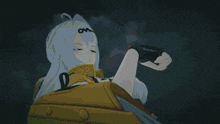 a girl with white hair is holding a golden object in her hands