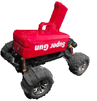 a red toy truck with the word super gun on the side
