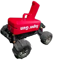 a red toy truck with the word super gun on the side