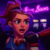 a cartoon character is standing in front of a neon boom sign