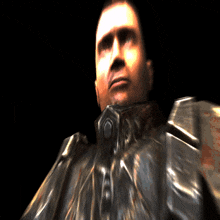 a close up of a man 's face in a video game with a black background