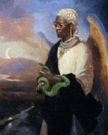 a painting of an angel holding a snake