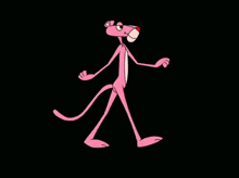 a pink panther is walking on a black background and looking at the camera .
