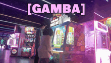 a man and woman are playing a game called gamba in an amusement park