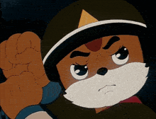 a close up of a cartoon character wearing a hat with a yellow triangle on it
