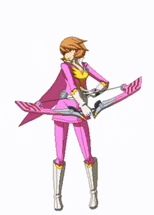 a girl in a pink outfit is holding a bow and giving a thumbs up sign