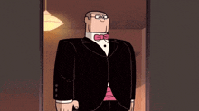 a cartoon man in a tuxedo and bow tie is pointing his finger