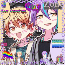 a couple of anime characters standing next to each other with the words gay zone written on the bottom