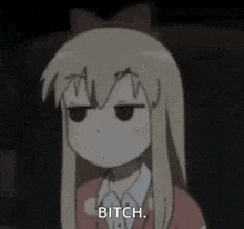a cartoon girl with long blonde hair is making a funny face and saying `` bitch '' .