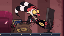 a cartoon character is sitting in front of a computer with a sign that says new life on it