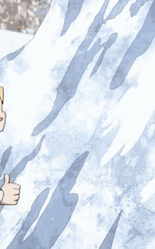a cartoon character is giving a thumbs up in front of a snowy wall .