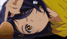 a girl with a yellow shirt is pointing at something and the word me is on the bottom