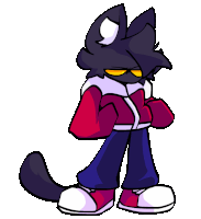 a black cat with yellow eyes is wearing a red jacket and jeans .